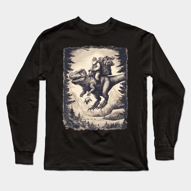 Father Christmas Riding A T-Rex Tyrannosaurus Dinosaur Long Sleeve T-Shirt by Mitsue Kersting